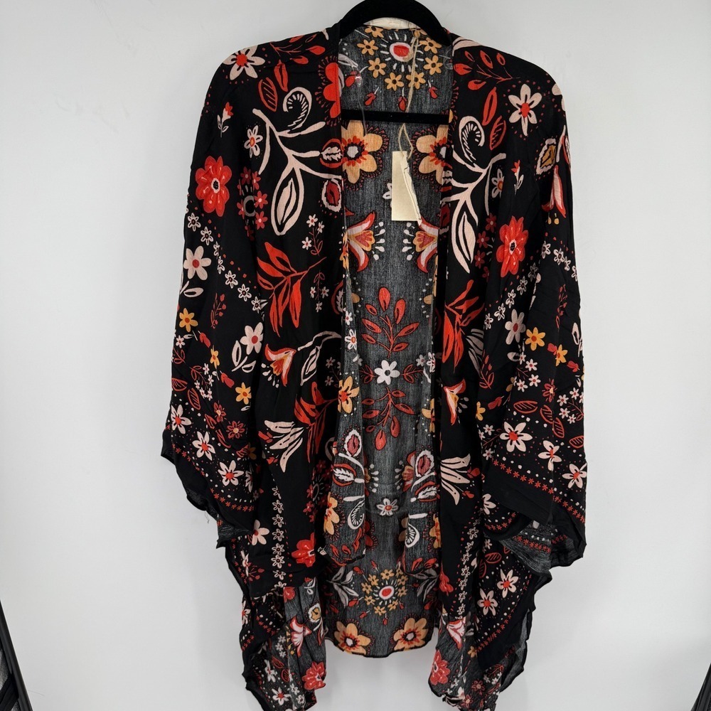 Easel Los Angeles Floral Kimono‎ Wrap Black Red Orange Boho ED16142 Small